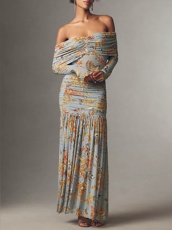 AFRM Dresses & Skirts - NWT AFRM Vintage Inspired Off-the-Shoulder Long-Sleeve Ruched Lace Maxi Dress